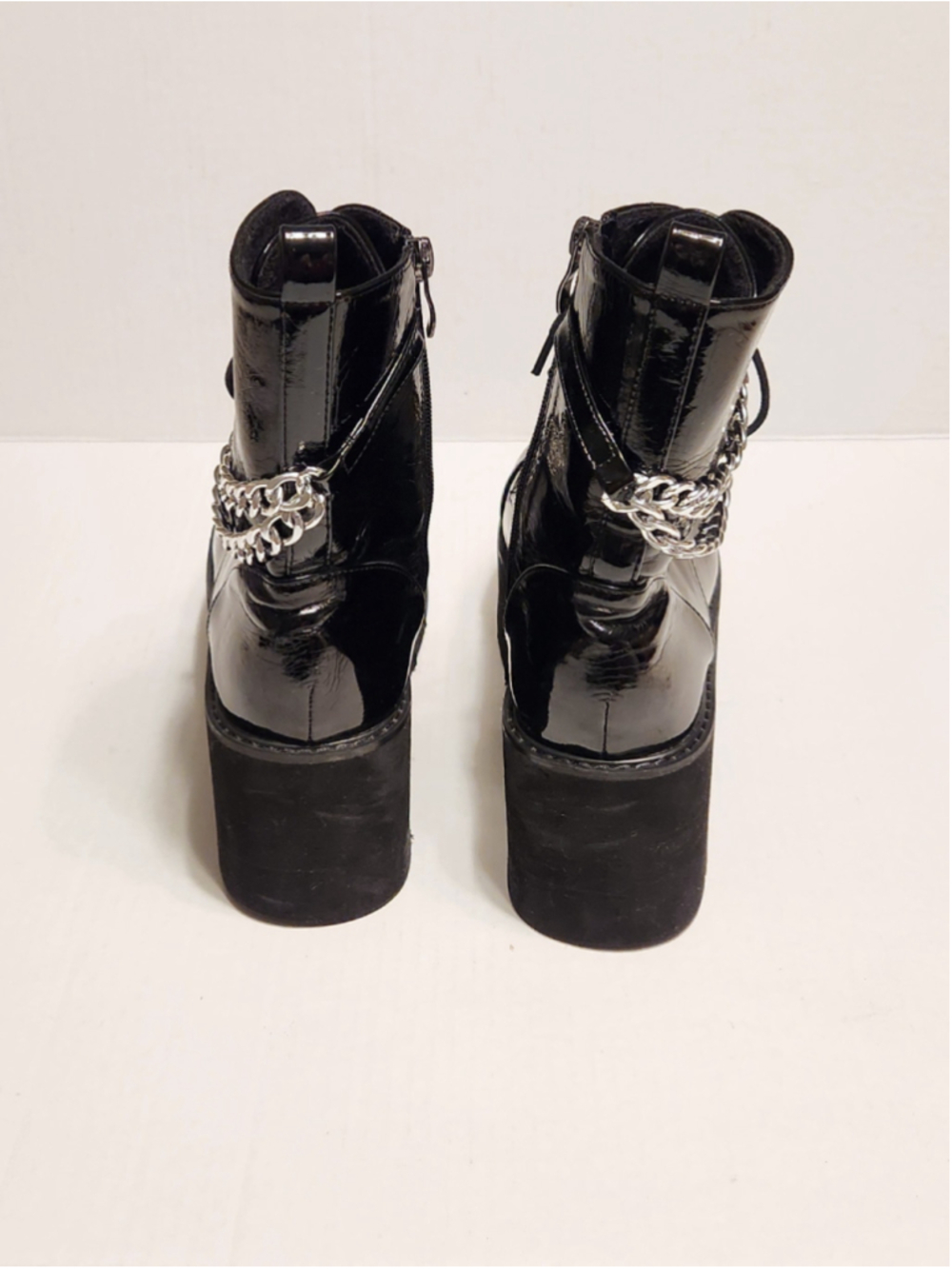 Black High Platform Silver Chain Accent Chunky Gothic Punk Ankle Boots 39/8 - Picture 6 of 12